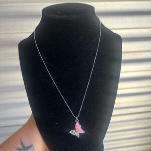 Silver Necklace with Pink Butterfly Pendant